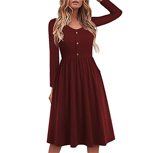 Yageshark Vestido de mujer de manga larga cuello redondo monocolor, hasta la rodilla, vestido informal otoño invierno swing cintura alta línea A botón vestido midi, Vino Z, S Cover