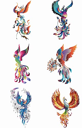 Phoenix 6 Sheets Temporary Tattoos For Men Adults Colorful Phoenix Fire Bird Character Design Watercolor Beautiful Blue Fairy Crescent Moon Legend Russian Tales Tattoo Women Neck Arm Chest Woman