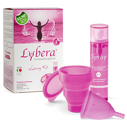 Preisvergleich Produktbild Lybera Menstruationstasse mit Hygiene-Set, hergestellt in Italien, weich, sicher, aus medizinischem Silikon, umweltfreundlich, bequem, erhältlich in 2 Größen Größe 2, Farbe Fuchsia