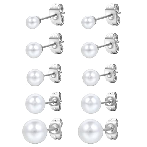 5 Pares pendientes redondos de tuerca para mujer de acero inoxidable, hipoalergénicos, con perlas de imitación brillantes,Pendientes de Perlas Blanca Plata,Clásicos Pendientes Plata(4mm-8 mm) Cover