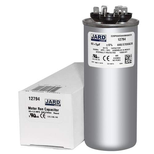 60 + 5 x 370/440 VAC Round Dual Run Capacitor by Jard # 12794