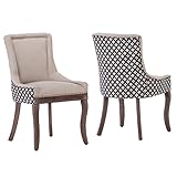 LKTART Upholstered Dining Chairs Set of 2, Solid Wood Kitchen Dining Room Chairs with Thicken Padded and Nailhead Trim for Home Kitchen Bedroom Beige and Patterned
