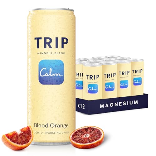 TRIP Lightly Sparkling Adaptogen Drink, Non Alcoholic Drink with Magnesium, Ashwagandha, Lions Mane & L Theanine, No Added Sugar Mocktail, Vegan, Blood Orange, 12 Oz, 12Pk