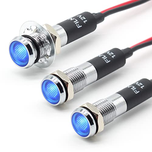 FILN 3pièces 8MM(5/16") 12V Voyant Lumineux Mini Métal Étanche IP67 Pilote Signal Lampe LED Indicateur(Laiton nickelé-bleu3pcs) Cover