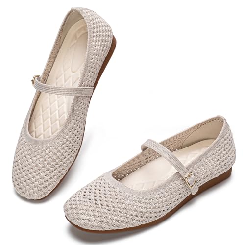 Image of Buyrew Women's Mary Jane Flats Breathable Mesh Square Toe Ballet Flats with Arch Support Washable Non Slip Casual Dress Shoes for Work Office