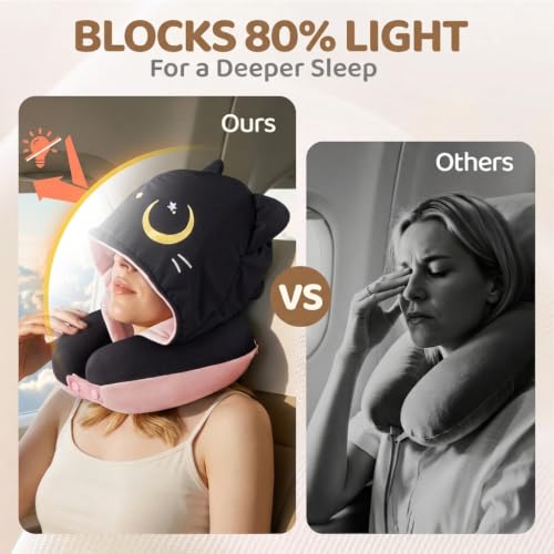 Image of Mewaii Travel Neck Pillow, Airplane Pillow with Hood, Memory Foam, Pink | Neck Support, Reversible, Adjustable Strap, Washable Cover, Cat-Ear Hood, Storage Bag, for Flights, Adults & Teens