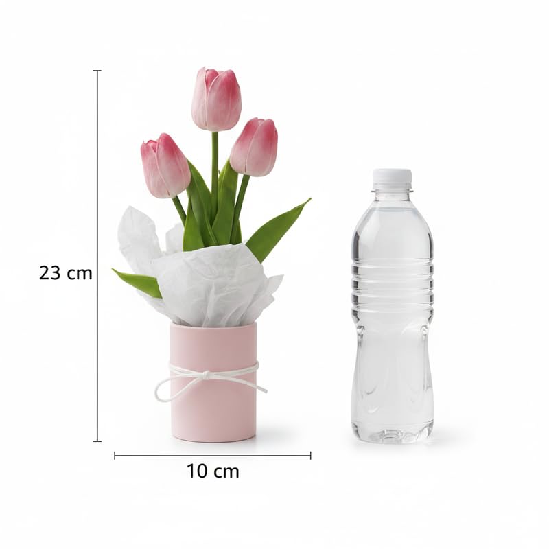Image of Artificial Tulip Flowers with Vase for Home Decor | Real Look Pink Tulip Bouquet | Table Centerpiece, Living Room, Office Desk Decoration | Gift for Birthday, Anniversary, Housewarming