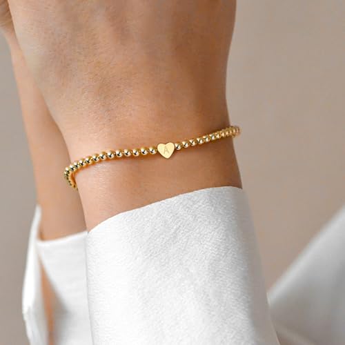 Image of Heart Initial Bracelets for Women Girls - 14K Gold Plated Letter Initial Bracelet Beaded Heart Bracelets for Women Trendy Kids Teen Girl Gifts Trendy Stuff Gold Jewelry