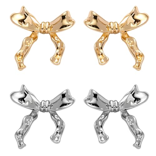 Bow Earrings Gold Silver, Gold Silver Bow Earrings for Women, Fashion Gold Silver Bow Earrings Studs, Asymmetric Earrings, Christmas Birthday Gifts (Mixed)