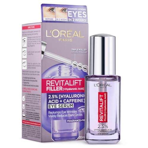 L'Oreal Paris Revitalift Plumping Eye Serum 20ml, with 2.5% Hyaluronic Acid + Caffeine, to Visibly Reduce Dark Circles & Replump Eye Wrinkles, Triple Roller Cooling Massager Applicator, Fragrance free formula