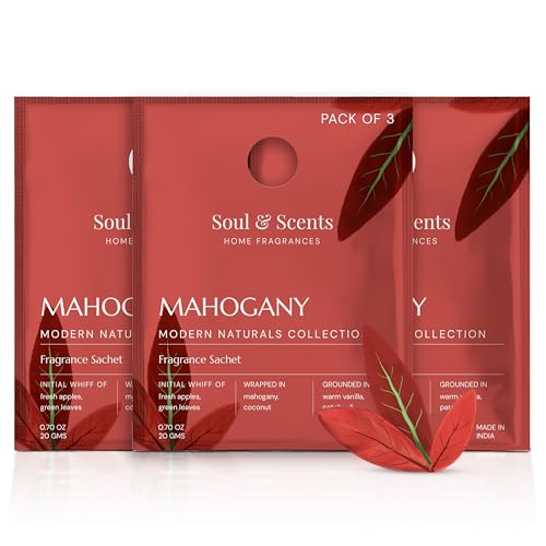 Image of Soul & Scents Mahogany Fragrance Sachet | A Rich & Warm Scent of Woods | Long-Lasting Air Freshener for Car, Wardrobe, Kitchen, and Travel Bag | Pack of 3-20gm Each