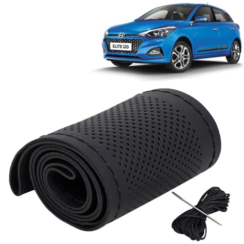 Image of KINGSWAY PU Leatherite Car Steering Cover Sewable Compatible with Hyundai Elite I20 (Year 2018-2020), Black Color with Black Thread, Pack of 1 with Sewing Needle and Thread
