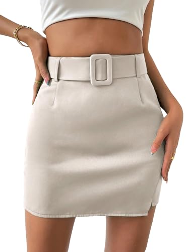 Floerns Women's Solid High Waist Pencil Belt Skirt Bodycon Mini Skirt