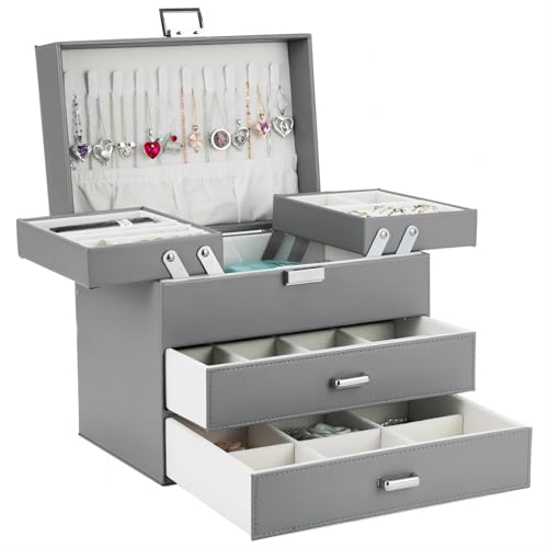 Dajasan Jewellery Box for Women, 4-Layer Large Jewellery Storage Organiser with 2 Drawers, Space-Saving PU Leather Jewelry Box, Gift Idea for Mother's Day, Sliding Metal Stand, Modern (Grey)