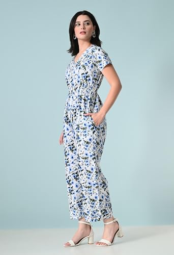 Image of Womens Summer Jumpsuits, Floral Printed Short Sleeve High Waisted Pockets V-Neck Beach Vacation Outfits