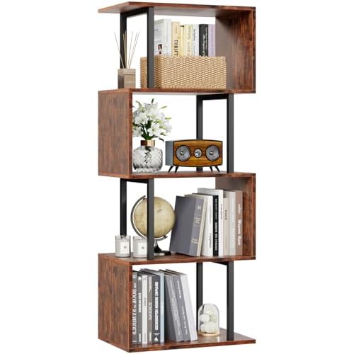 Furologee 5-Tier Bookshelf, S-Shaped Geometric Bookcase, Narrow Freestanding Display Shelves, Modern Wood Decorative Storage Shelving Rack for Bedroom, Living Room, Home Office, Rustic Brown