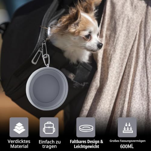 SLSON Hundenäpfe Wassernapf für Hunde Unterwegs Faltbare Integrierter Reisenapf Ohne Plastikrand Auslaufsicher Spritzschutz Trinknapf für Haustier Auto Reise and Innen Draußen (Kühles Grau)