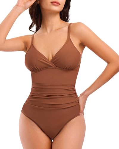Women's One Piece Swimsuit Slimming Tummy Control Bathing Suit High Waist High Cut Ruched V Neck Vintage Swimwear