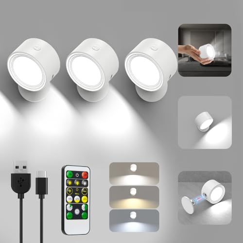 Image of Racokky LED Wall Lights 3 Pcs with Remote, Wall Sconces Lamp 3000mAh Rechargeable Battery Operated, 3 Color Temperatures & Dimmable Magnetic 360 Rotation Cordless Light for Bedroom Reading(White)
