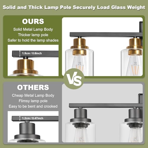 Image of Unicozin Modern Bathroom Light Fixtures, 4 Light Vanity Lights Over Mirror, Black and Gold Wall Lamp with Clear Glass for Living Room Cabinet Bedroom Porch