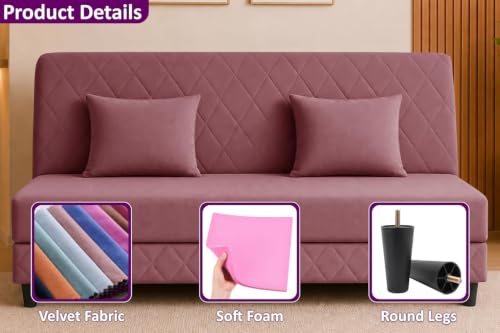 Image of Deco Studio 3 Seater Sofa Bed | Premium Upholstered Velvet Fabric Folding Couch for Living Room, Guest Room & Bedroom | Quilted Backrest with 2 Cushions (Rose-Pink)