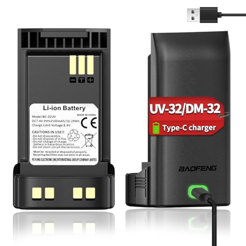 BAOFENG UV-32 Radio Battery 2500mAh USB-C Charging Rechargeable Battery Compatible with UV-32 DM-32 Walkie Talkie High Capacity with Type-C Charging Cable,1Pack