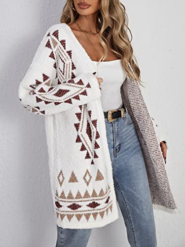 WDIRARA Women's Fuzzy Knit Cardigan Geo Pattern Long Sleeve Drop Shoulder Open Front Sweater3