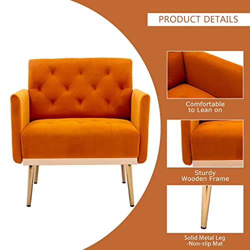 Kivenjaja Velvet Accent Chair, Modern Comfy Tufted Upholstered Armchair For Living Room & Bedroom, Reading Arm Chair Single Sofa With Rose Gold Metal Legs, Orange #TOP4