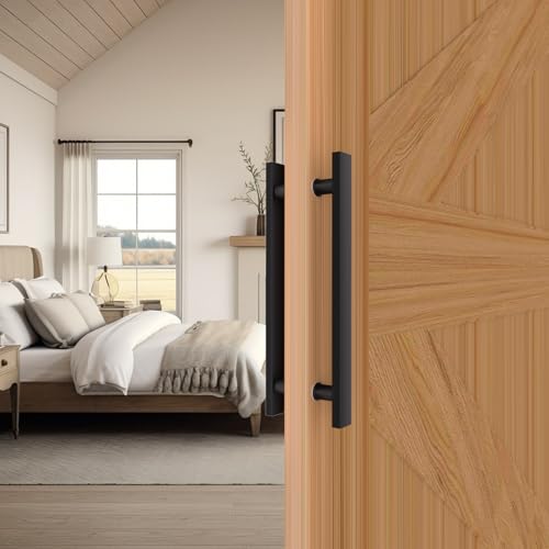 Image of 16 inch Matte Black Square Barn Door Pull Handle Double Sided | Heavy Duty 304 Stainless Steel, 11-6 /8 inch Hole Spacing, Fits 3 /4 inch-2 inch Thick Barn, Front Entry, Sliding & Exterior Doors