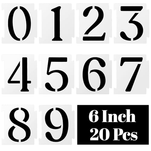 Tyqour Lot de 20 pochoirs à chiffres de 15,24 cm - 0 à 9 chiffres - Réutilisables - Pour plaques en bois, peinture, bricolage, boîte aux lettres, adresse,...