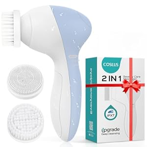COSLUS Facial Cleansing Brush Silicone Face Scrubber: 2 in1 FBS-D Electric Exfoliating Massage Device Waterproof Deep Cleaning Exfoliation Rotating Spa Machine – Electronic Skin Care Wash Clean System