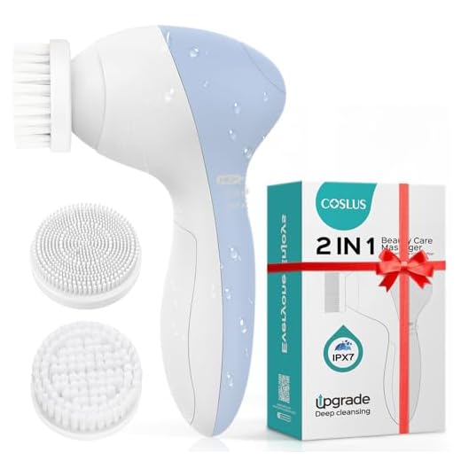 COSLUS Facial Cleansing Brush Silicone Face Scrubber: 2 in1 FBS-D Electric Exfoliating Massage Device Waterproof Deep Cleaning Exfoliation Rotating Spa Machine - Electronic Skin Care Wash Clean System