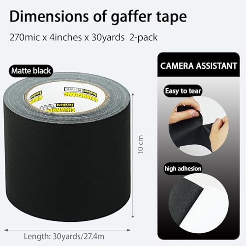 Image of 2-Pack Black Gaff Tape,4 inch x 30 Yards,Black Gaffers Tape,Matte Gaffer Tapes for Stage,Studio, Wire Finishing,Photography,No Residue,Non Reflective,Easy Tear