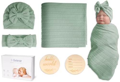 Image of Golener Muslin Swaddle Blankets,Sleepea Swaddle with Bow Headbands, Hats Set and Newborn Name Announcement Card, Stretchy Baby Blankets for Girls and Boys Unisex, Perfect for Newborn Photos (Olive)