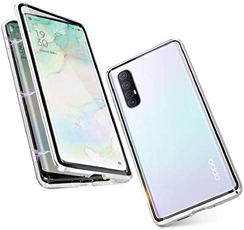 Carcasa para OPPO Find X2 Neo/ Reno 3 Pro 5G Funda 360 Grados Frente y Parte Posterior Completo Protección Anti-Rasguño Transparente Vidrio Templado Case Metal Bumper Adsorción Magnética Cover,Plata