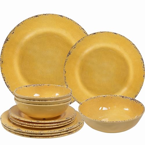 ZAROCRUS 12-Piece Rustic Melamine Dinnerware Set With Dinner Plate, Salad Plate And Large Capacity All Purpose Bowls,Service for 4, Indoor And Outdoor Use, Yellow ZAROCRUS 12-Piece Rustic Melamine Dinnerware Set With Dinner Plate, Salad Plate And Large Capacity All Purpose Bowls,Service for 4, Indoor And Outdoor Use, Yellow
