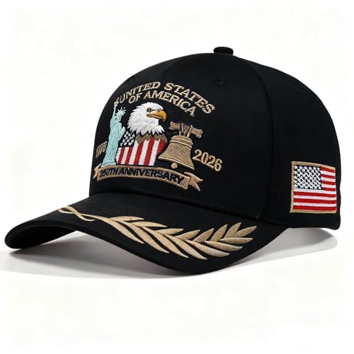 United States 250 Anniversary USA Hat 1776-2026 250th Anniversary USA Hat Adjustable Embroidered Patriotic Hats Men Women (Black)