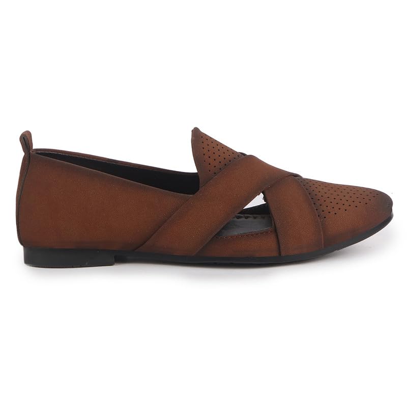Image of FAUSTO Men Criss Cross Strap Perfortated Velvet Slip On Ethnic Juttis | Prom Slip On Shoes for Wedding, Festive | Loafer Shoes with Memory Cushioned Insole