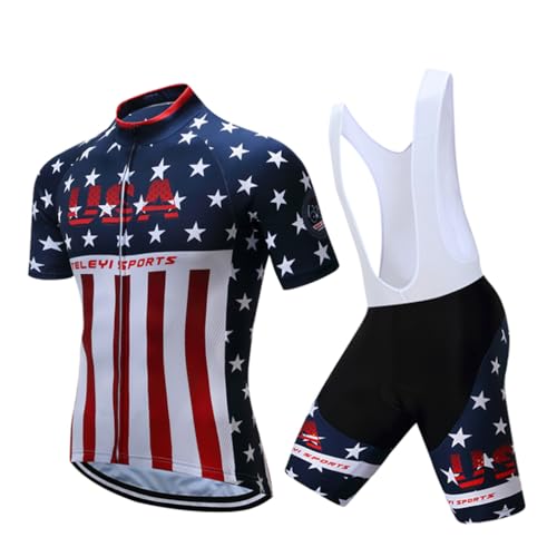 Shenshan Men's Summer USA Short Sleeve Cycling Jersey Bib Shorts Set Blue-White L