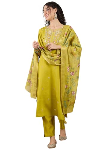 Image of VredeVogel Women's Beads Embroidered Silk Blend Kurta Pant Set with Organza Dupatta | Perfect for Festive & Casual Ethnic Kurta Set for Women