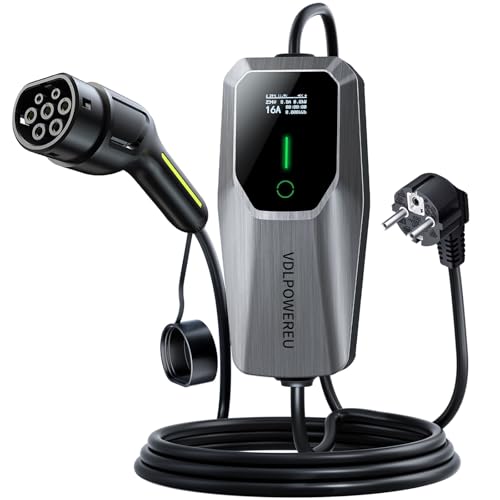 Cargador Coche Electrico, Cargador de Vehículo Eléctrico de 3,68 Kw / 6-16A Tipo 2 con Enchufe Schuko, VDLPOWEREU 5m Cable de Carga de Vehículo Eléctrico con Pantalla Digita, IEC 62196-2, IP65
