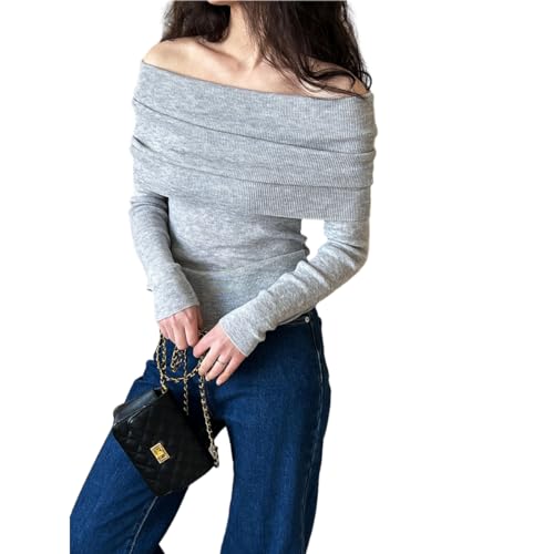 Image of Women Long Sleeve Off The Shoulder Sweater Tops Sexy Shirt Black White Red Cute Ribbed Fiited Blosue
