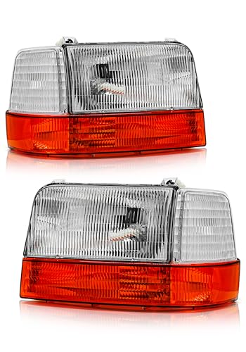 Headlight Assembly for 1992-1996 Ford Bronco | 1992-1997 F150 Super Duty | 1992-1998 F250 F350 9th Generation Chrome Housing Amber Reflector Replacement (W/O Bulbs)