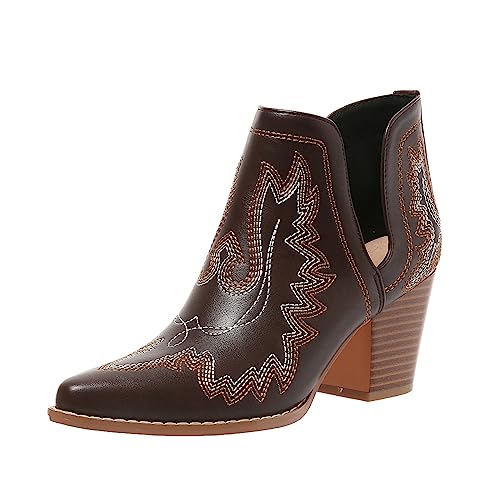 Image of SelRoys Cowboy Boots for Women Cowgirl Ankle Western Embroidered Stitched Pointed Toe Cutout Chunky Heels Short Booties Red Brown Black US5-11