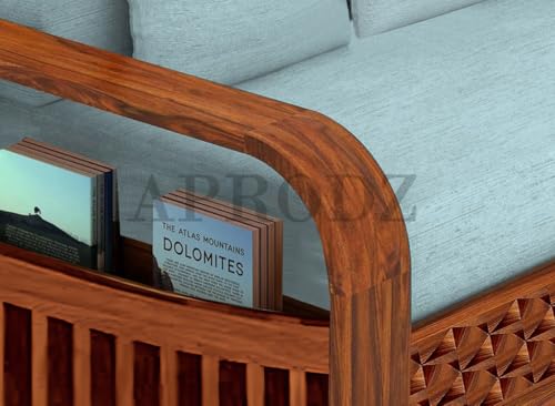 Image of APRODZ Solid Sheesham Wood Sofa Cum Bed 3 Seater Velevt Fabric with Blue Upholstery & Cushion Perfect Sofa Furniture for Home Living Office Room and Guests (Honey Finish 75x69x30-Inch)