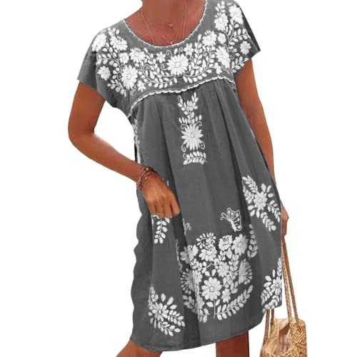 Melliflo Vestido mexicano para mulher, de manga curta, bordado floral, vestido de festa, vestido de linho solto, vestido camponês, cinzento, XL