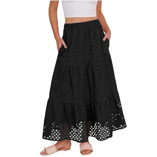 HGps8w Women's 2025 Summer Boho Hollow Out Eyelet Tiered Maxi Skirt High Waisted A Line Flowy Casual Long Skirts with Pockets4