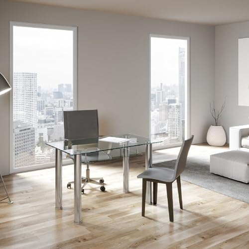 Decor Space Mesa de escritorio de cristal transparente con estante y patas de metal cromado para decoración interior