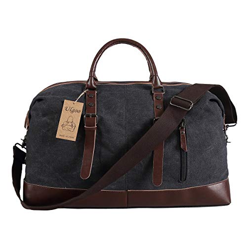 Ulgoo Travel Duffel Bag Canvas Bag PU Leather Weekend Bag Overnight (Black)