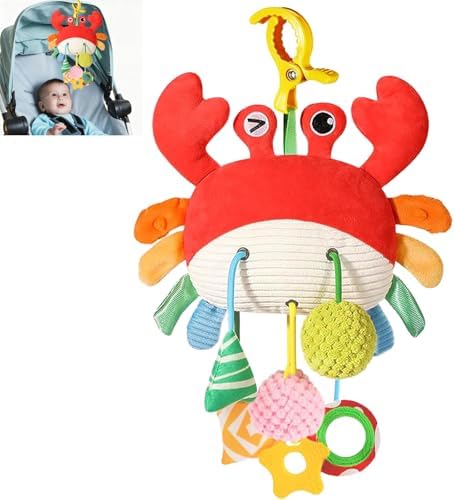 Car Seat Toys for Babies 0–12 Months, Hanging Infant Toy with Mirror & Crinkle Clip-On Activity Toy for Car Seat, Stroller, Crib & Play Gym Baby Christmas Stocking Stuffers for Toddlers